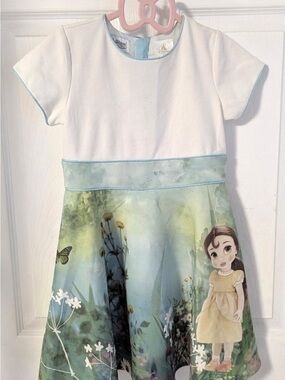 White & Pastel Green Floral Disney animator Belle floral Print Kids Dress